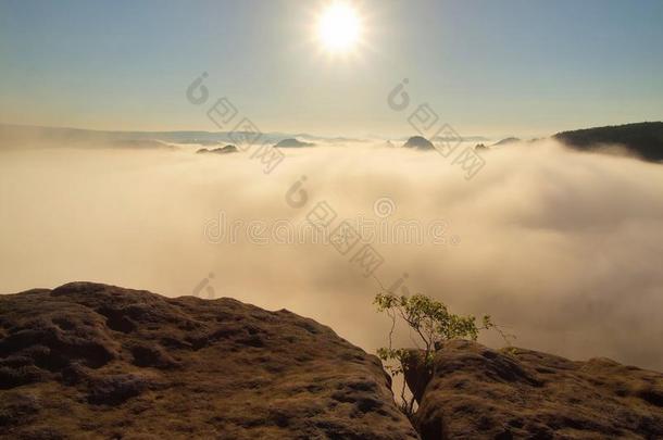 秋天的乡村。深邃的雾霭笼罩着清晨浓重的蓝橙色雾气。砂岩山峰从薄雾中增加，黑色的山丘
