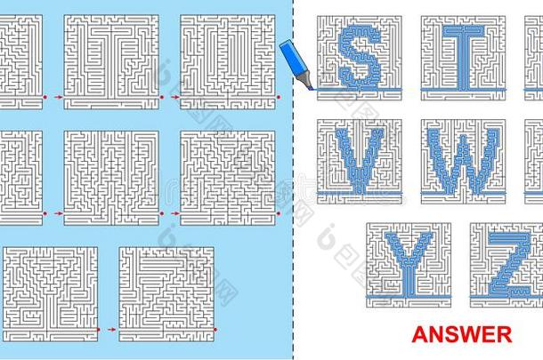 儿童字母迷宫-s，t，u，v，w，x，y，z。
