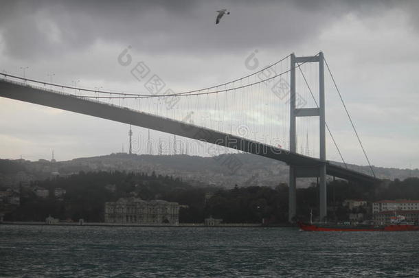 土耳其伊斯坦布尔的博斯普鲁斯桥和一艘<strong>红船</strong>