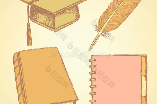 画毕业帽、羽毛、笔记本和书