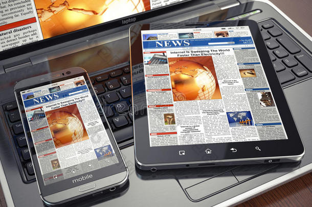新闻。媒体概念。笔记本电脑、平板电脑和智能手机