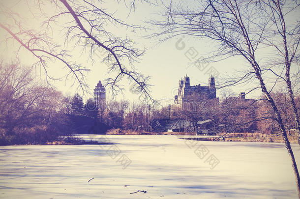 冬季中央公园湖的复古照片。美国纽约。