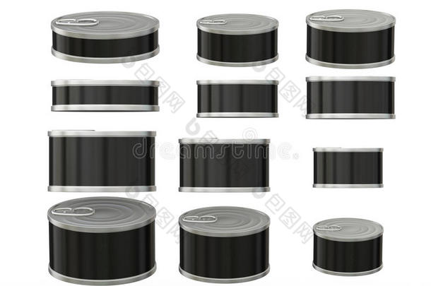 一套不同尺寸的黑色短圆柱形锡罐，包括夹持路径