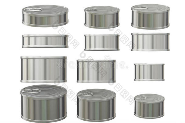 各种尺寸的短圆柱形铝锡罐，cl