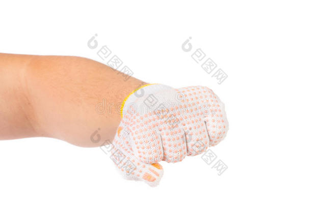 工人手戴手套紧握拳头。
