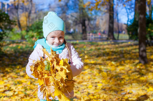 可爱的小女孩带着黄色的枫叶在户外