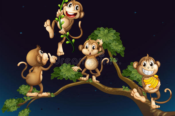 一棵树上有四只顽皮的猴子