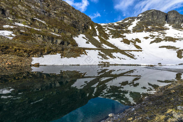 挪威部分结冰的湖泊