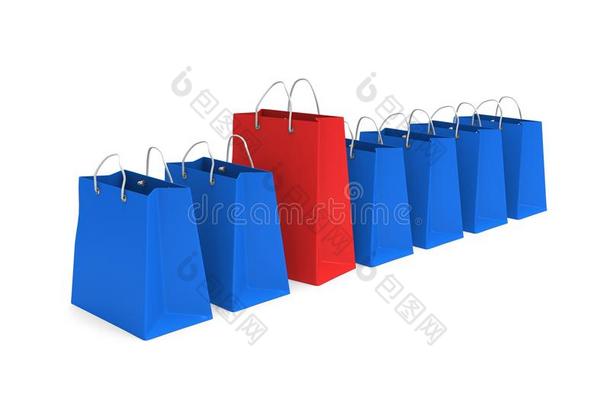 红色购物袋在一排蓝色的<strong>袋子</strong>里