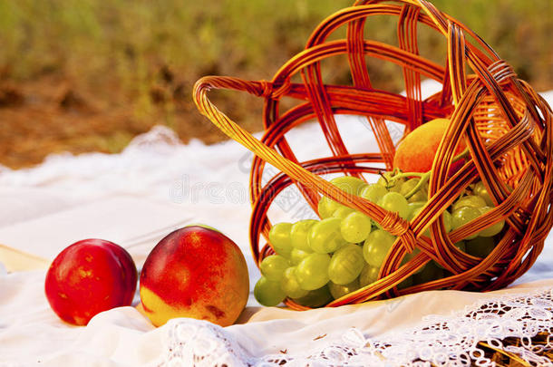 夏日公园的野餐篮子，上面放着水果