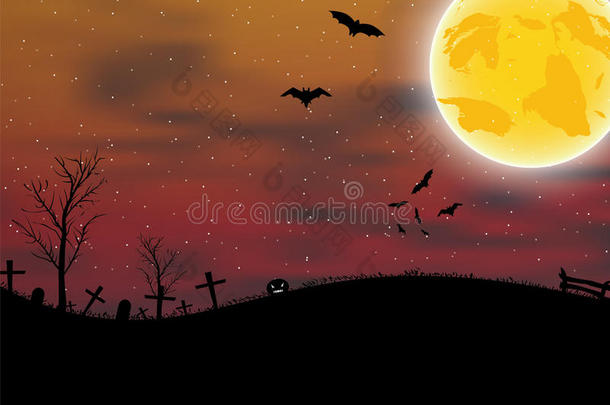 南瓜、蝙蝠和月亮的万圣节贺卡