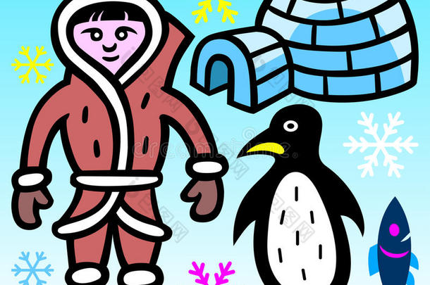 爱斯基摩人，冰屋，企鹅，鱼和雪花-插图。