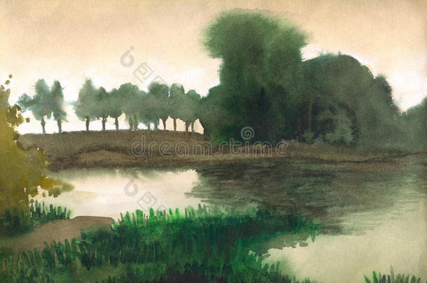 水彩风景画。宁静湖畔的树木