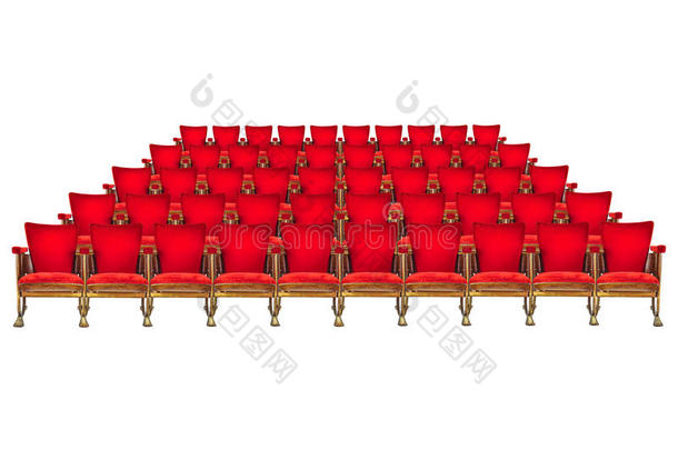 五排老式电影院的椅子隔离在白色上