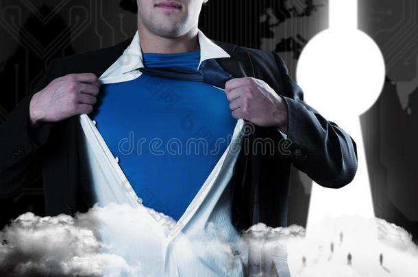 商人打开衬衫的合成图像超级英雄风格