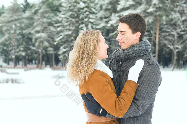 户外幸福情侣在寒冷的冬天摆姿势。