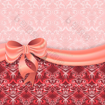 柔和的粉红色背景与维多利亚式图案分割缎带与蝴蝶结。图片
