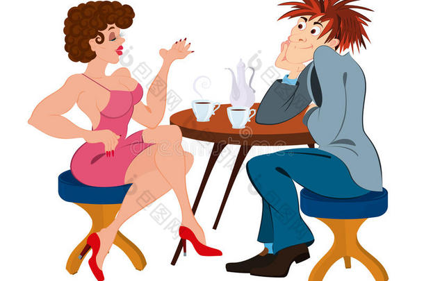 卡通情侣坐在桌子旁边喝咖啡
