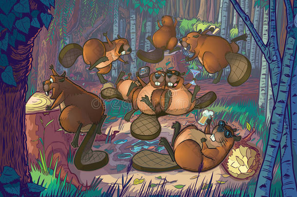 可爱的卡通海狸在森林空地上聚会