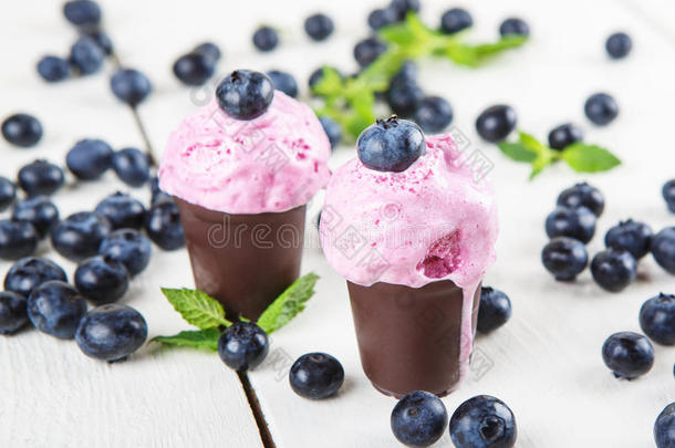 蓝莓冰淇淋或冷冻酸奶和薄荷，新鲜浆果