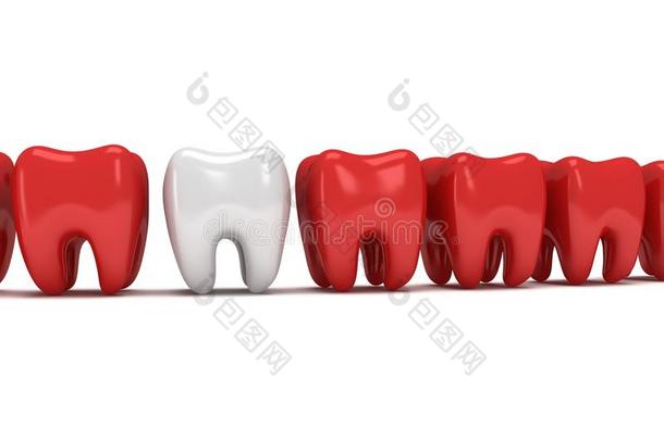 健康的牙齿排在一排疼痛的牙齿里
