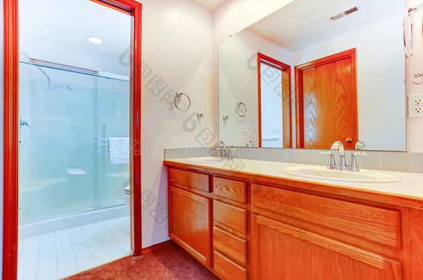带玻璃门淋浴和化妆柜的明亮浴室
