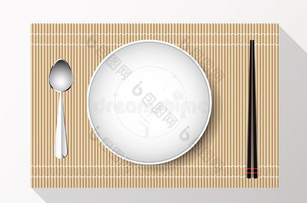 空的白色盘子，用筷子套在竹套上。矢量