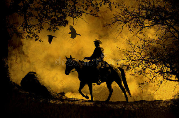 一个抽象的牛仔骑在山上，树上，<strong>乌鸦飞过</strong>，背景是黄色的水彩画。