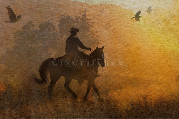 一个抽象的牛仔骑在草地上，树上，乌鸦飞过，背景是黄色的水彩画。