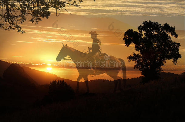 一个牛仔骑在有树的草地上的艺术形象，背景是透明的黄色太阳。