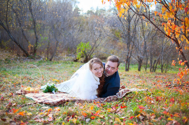 幸福的新婚夫妇在秋冬的森林里，躺在格子布上拥抱