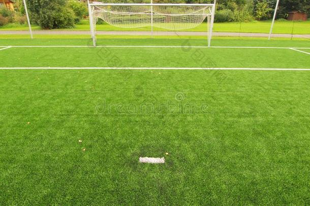 足球场上的人造草地。足球场中交叉线的细节。塑料草和地面橡胶