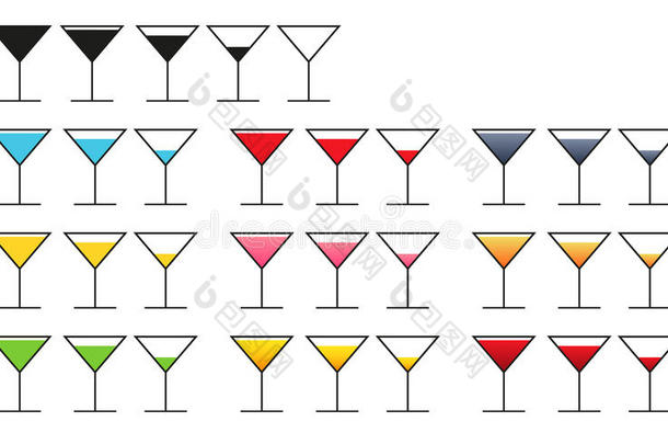 大集合10套不同种类（颜色）饮料的玻璃图标