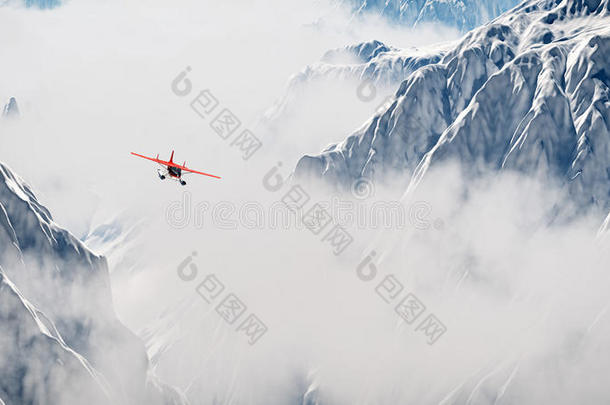 红色飞机在云中飞过雪山。