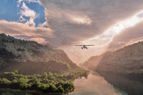 <strong>小型飞机</strong>飞过雪山峡谷。