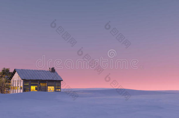 冬日雪景日落独居小屋。