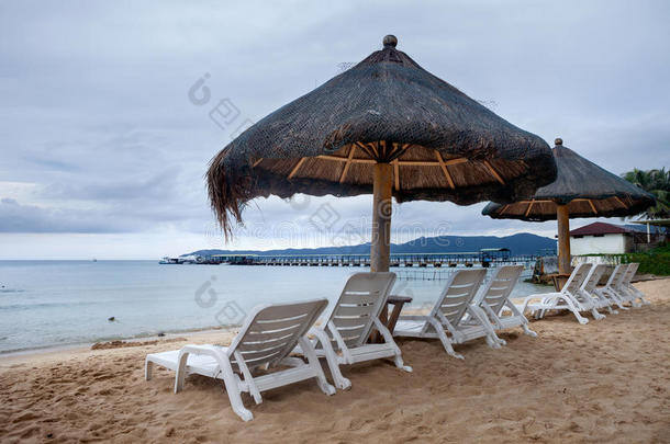 沙滩椅和茅草伞