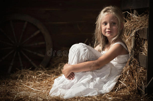 女孩坐在谷仓里的干草上