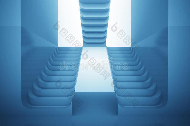 三个楼梯在蓝光下作为迷宫建设