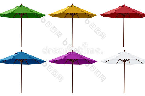 绿、黄、红、蓝、紫、白沙滩伞