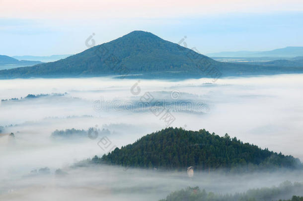 农村的冷降气氛。 寒冷潮湿的早晨，雾在黑暗的山丘和树峰之间移动。