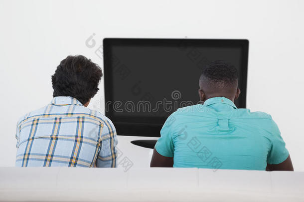 两个足球迷在看电视