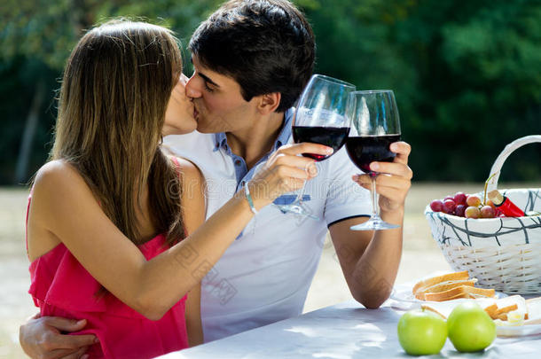 一对迷人的情侣在乡村浪漫的野餐中喝酒。