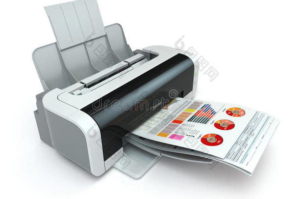 打印机在白色背景上打印业务报告。