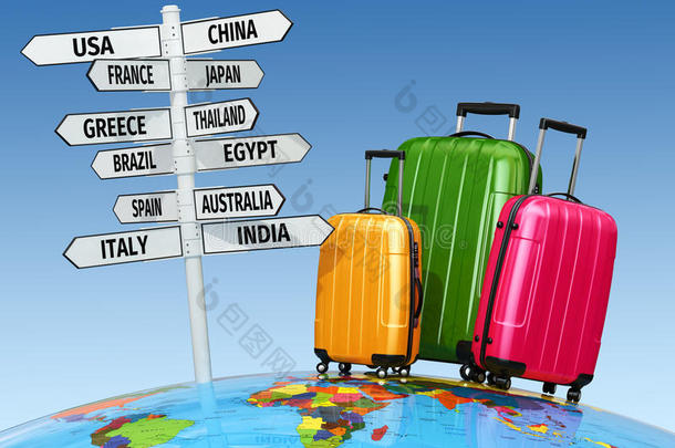 旅游概念。行李箱和国家路标。