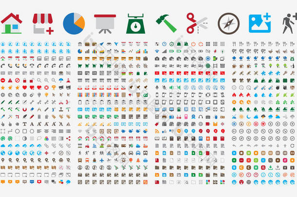 800个高级图标。圆角。平淡的颜色。