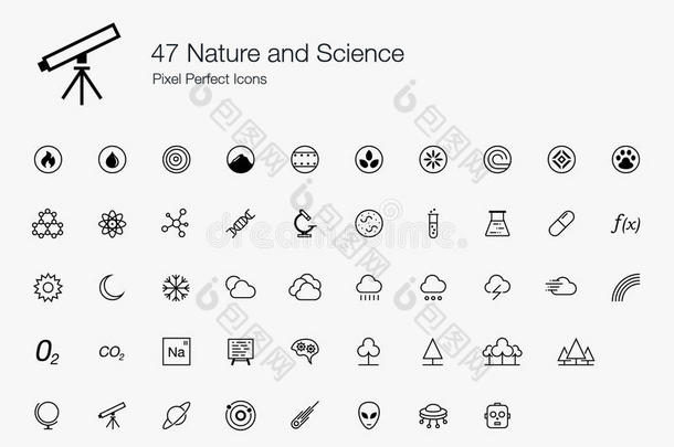 47个自然和科学像素完美图标（线条风格）