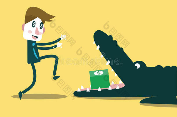 商人在鳄鱼嘴里跑去赚钱。 商业和金融风险。