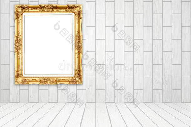 房间内的空白金色框架，白色木墙（块状风格）和