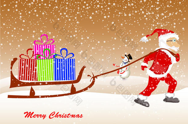 圣诞老人坐在雪橇上，带着驯鹿和礼物。